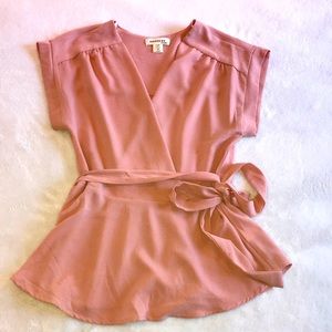 Soft pink, short-sleeve wrap shirt